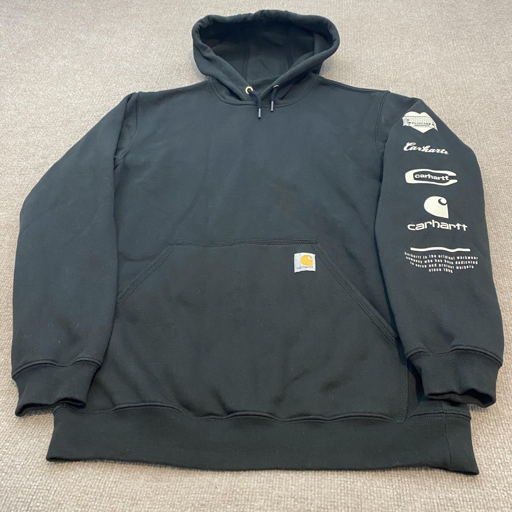 Carhartt Hoodie Mens Medium Black Graphic Logo Sleeve Fleece Sweatshirt TS6228-M